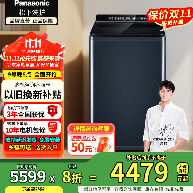 松下（Panasonic）波轮洗衣机全自动12公斤大容量除菌除螨羽绒内衣洗衣机彩屏不弯腰XQB120-U2F1以旧换新国