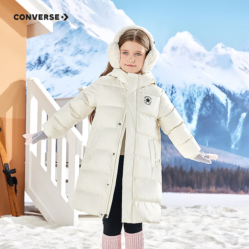 Converse匡威儿童羽绒服男女童冬季新款长款过膝中大童装极寒泡芙保暖外套 羽白色 160 充绒量约259g 【建议身高158-170cm】