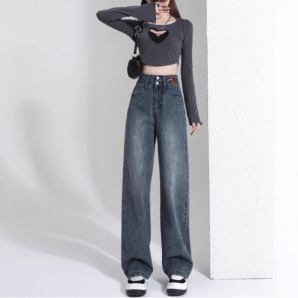 燠阳复古阔腿牛仔裤女2026新款春秋小个子窄版显瘦遮肉大码直筒拖地裤 846复古蓝 XL 【118-128斤】