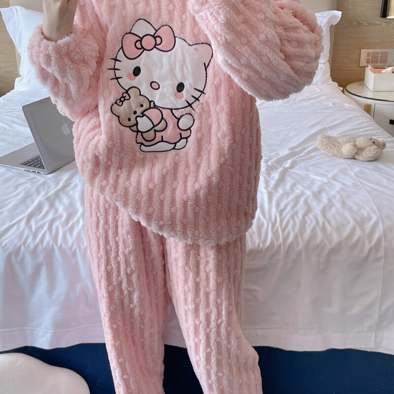 诗莉奥(SHILIAO)珊瑚绒睡衣女冬季加厚长袖套头家居服套装女装 卡通猫-粉色套装 均码 155-175/80-105CM