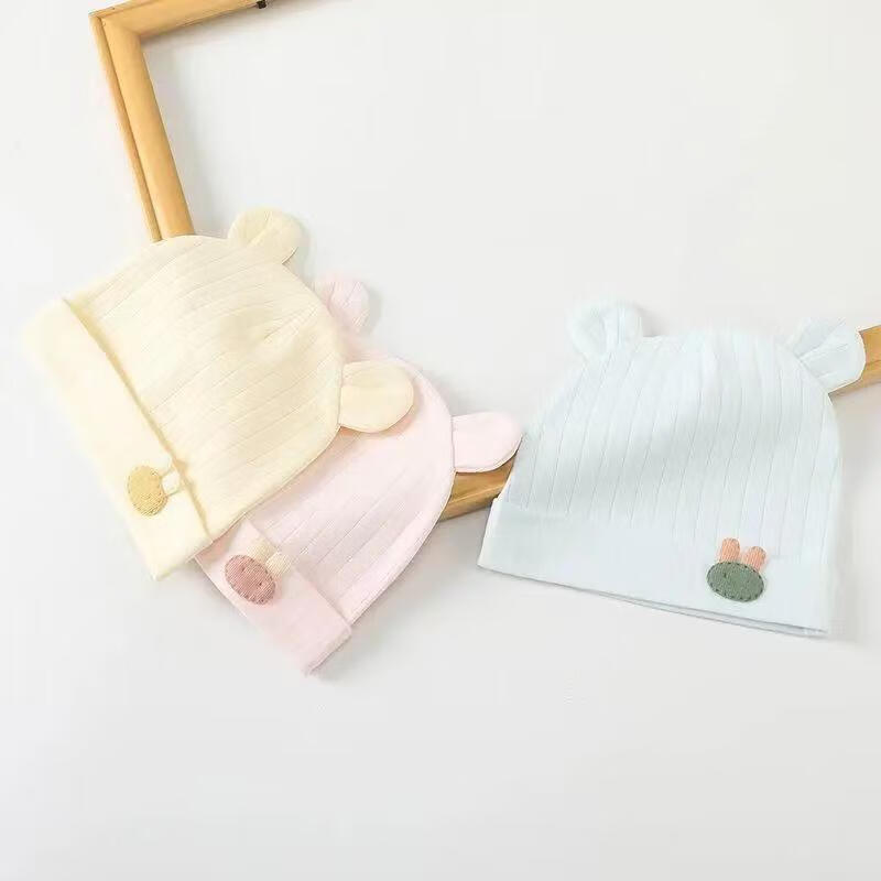 彩虹房子新生婴儿帽四季男女初生0-3月满月幼儿护头囟门宝宝胎帽合集 抽条熊兔棉胎帽浅黄色-0-3个月（30-38cm） 四季双层 参考备注，以宝宝头围为准