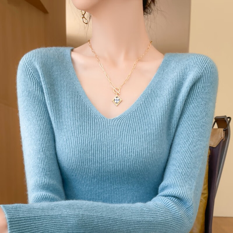 香影纯女装新款2025纯色V领针织衫女秋冬修身修身毛衣女百搭针织打底衫 米色 S (建议95斤以内)