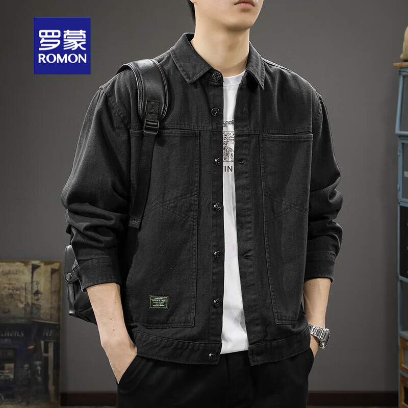 罗蒙（ROMON）夹克男2026新款春秋上衣纯棉工装宽松大码春季休闲翻领衬衫外套潮 黑色 L （合适体重120-140斤）