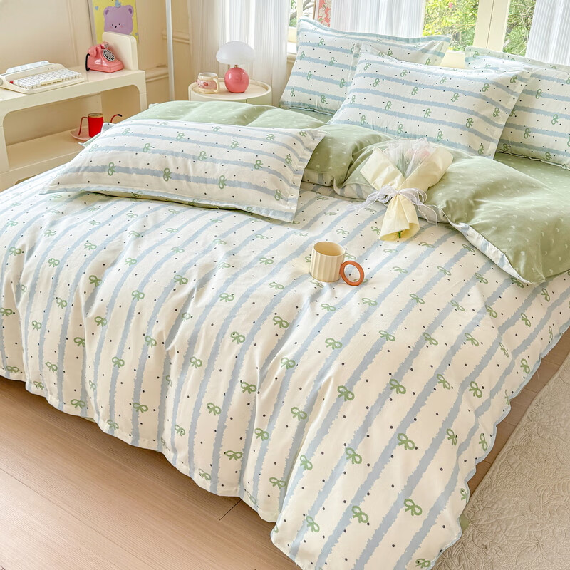 多兰诗（Duolanshi）磨毛四件套 斜纹印花卡通套件被套床单宿舍四季床上四件套 点点情深 2.0米 床单款 -被套200*230 四件套