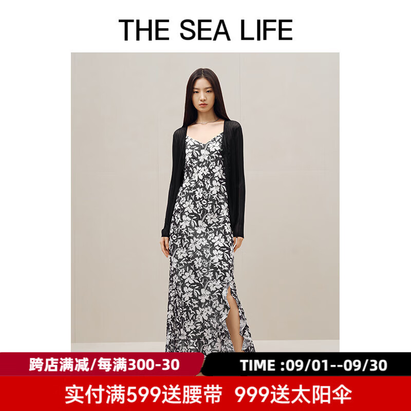 THE SEA LIFE商場(chǎng)同款吊帶裙歐海一生 碎花吊帶連衣裙2025夏下擺開(kāi)衩20513 黑法師 S