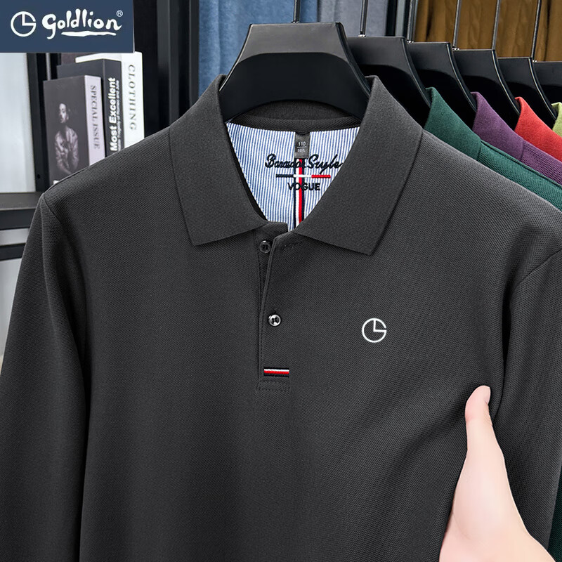 金利来长袖t恤男2025秋季新款翻领纯色商务休闲纯棉POLO衫上衣 深灰【长袖】 L 推荐110-130斤