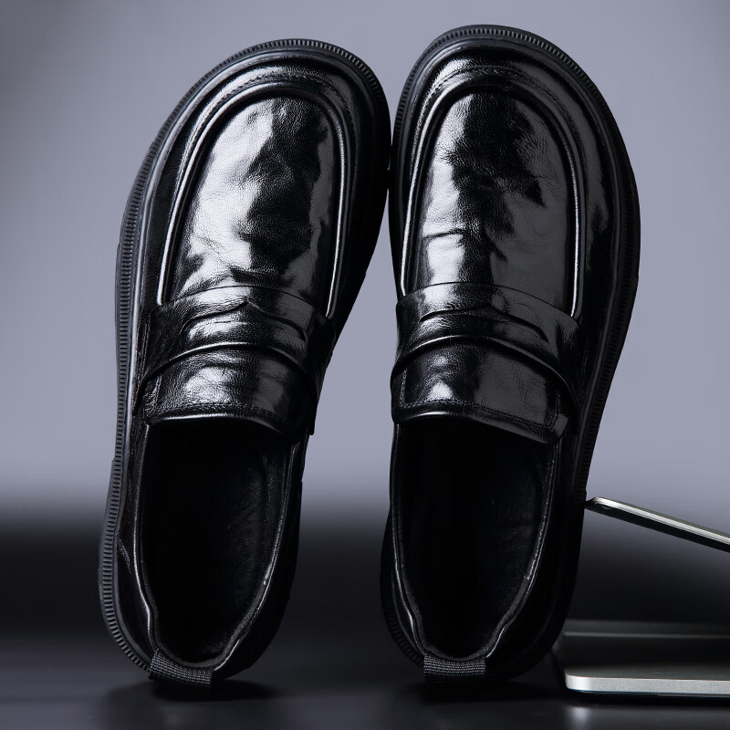 Walker Shop男士高端皮鞋男软羊皮大头商务通勤皮鞋新款厚底增高一脚蹬乐福鞋 黑色系带款 【品牌男鞋 礼盒包装】 40