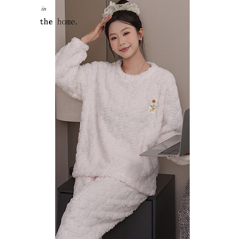 宝娜斯（BONAS）新款小花朵珊瑚绒睡衣女冬季长袖家居服套装加绒加厚保暖睡衣秋冬 白色 均码 80-140斤