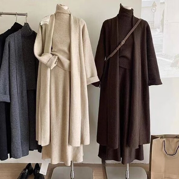 秋冬慵懒宽松时尚套装女针织长款披肩开衫+高领毛衣+半身裙三件套 咖色【三件套】 3XL 建议145-155斤