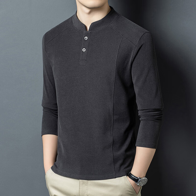 冬季新款长袖T恤男士立领加绒打底衫修身商务休闲保暖卫衣男 灰色 XL 【135-150斤】