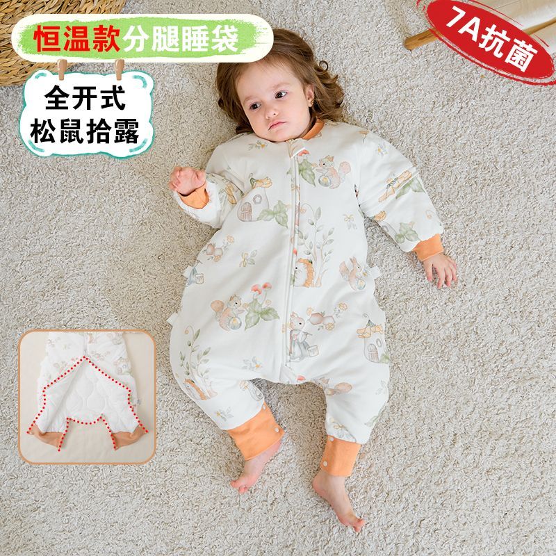 婴儿睡袋秋冬夹棉宝宝加厚防踢被新生儿连体多功能长袖拉链式睡衣 松鼠拾露中厚(夹薄棉)恒温全开式 m码(80码) 参考身高65-80cm
