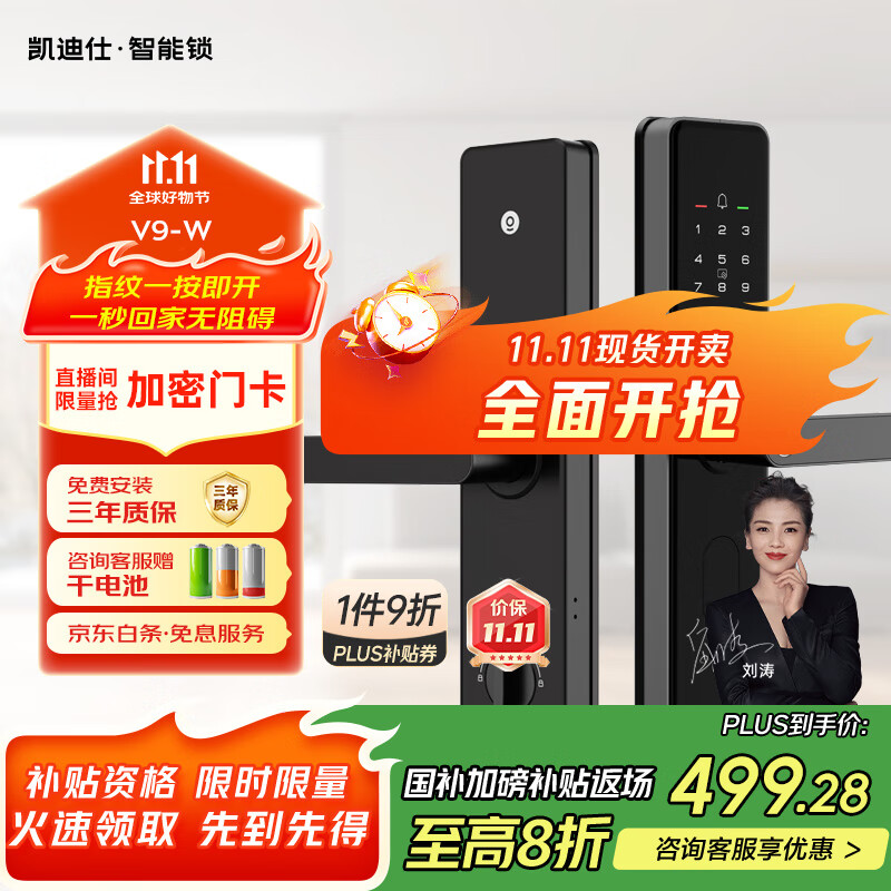凯迪仕（kaadas）智能门锁 指纹识别 防盗门锁密码锁 入户门电子智能锁 V9-W