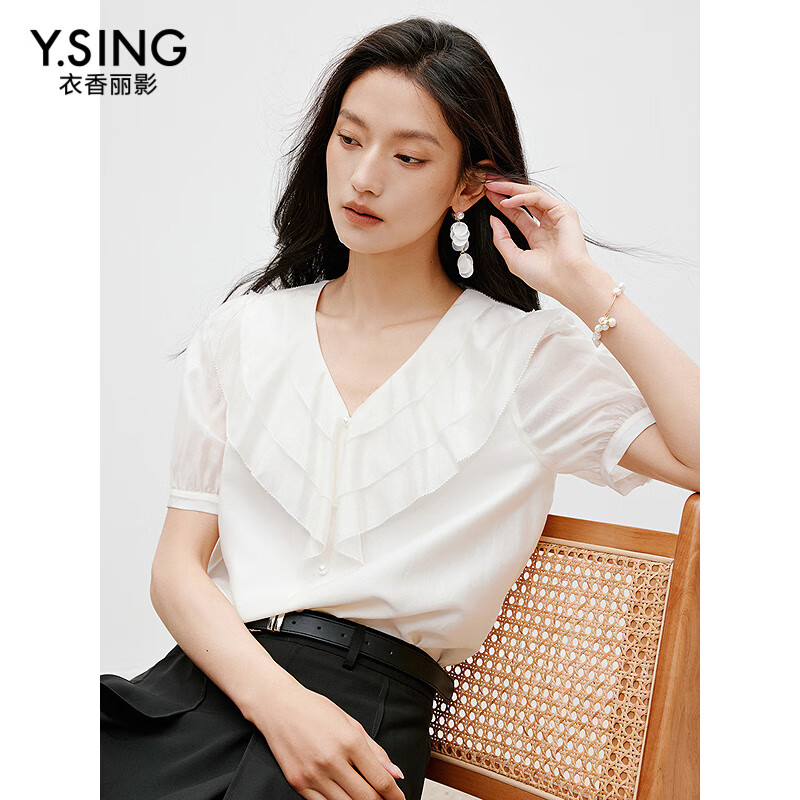 衣香麗影白色大翻領(lǐng)雪紡衫女2025年夏裝新款法式茶歇寬松天絲上衣 米色 S