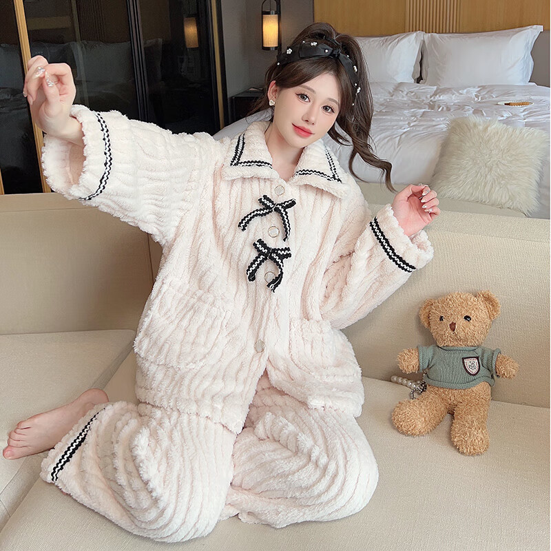 俞兆林珊瑚绒睡衣女秋冬季2025新款加绒加厚法兰绒小香风甜美家居服套装 黑边蝴蝶结 【睡衣两件套】 L 【适合80-120斤】