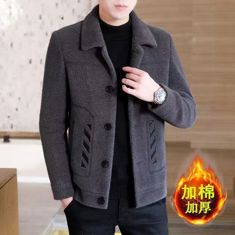 皮尔卡丹新款男士毛呢大衣短款秋冬季呢子外套男加厚夹克上衣休闲风衣保暖 卡其色 3XL