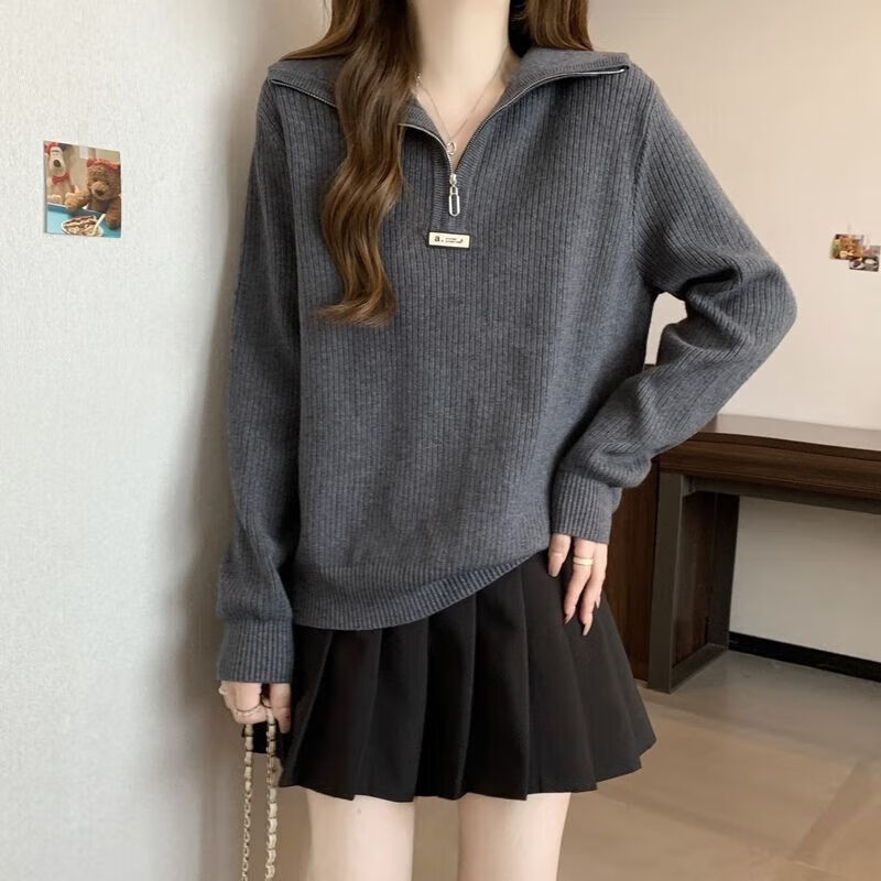 朵貌条半拉链翻领正肩女大码针织衫宽松显瘦毛衣打底衫减龄上衣 灰色 L 100-120斤