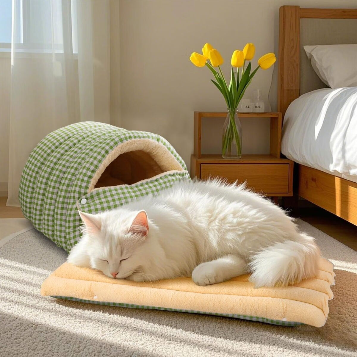 小猫日记猫窝四季通用冬季保暖宠物窝用品猫咪床半封闭式安全感窝睡窝 绿白格窝【可拆卸水洗加绒加厚】 大号 65*40*28【约16斤以内小猫】