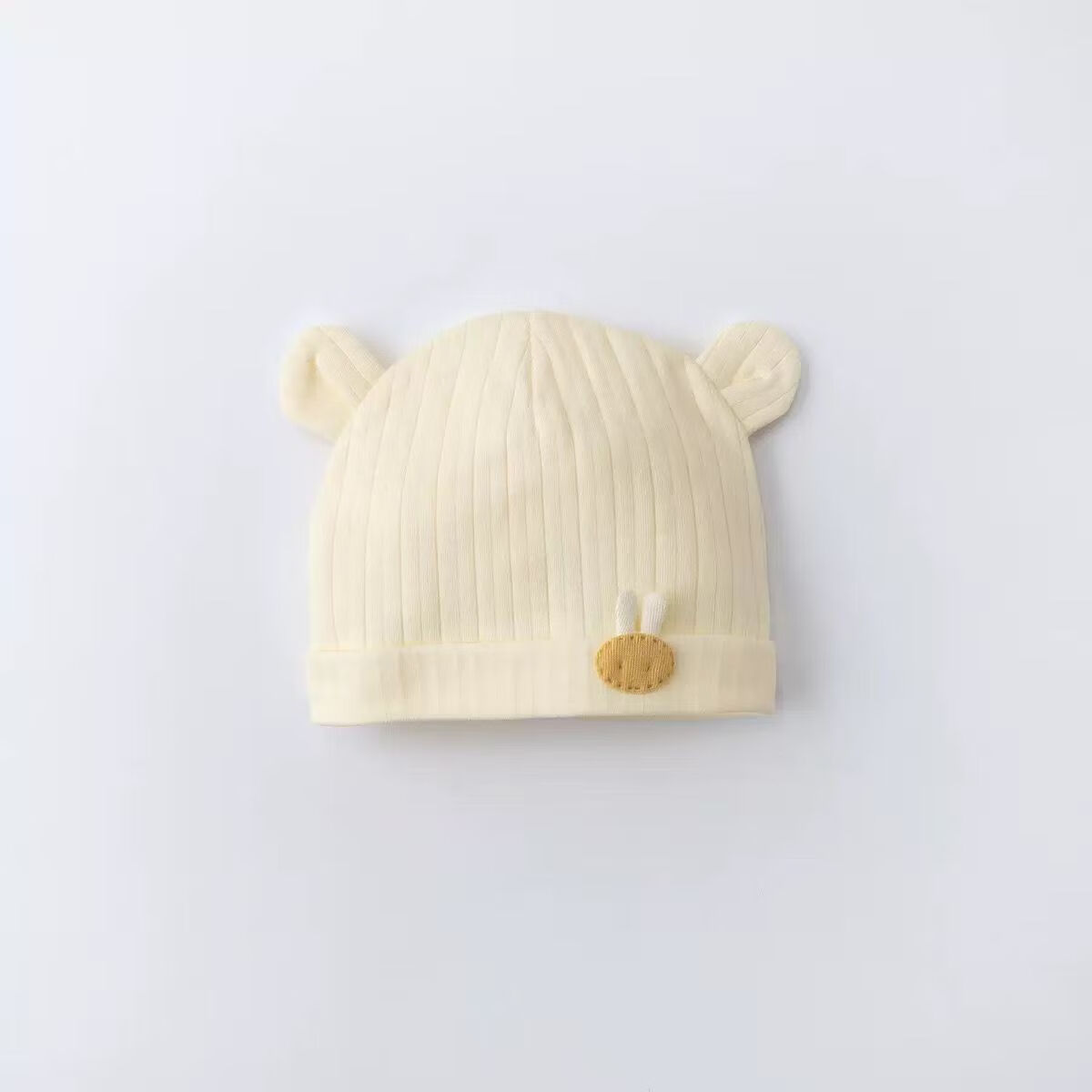 彩虹房子新生婴儿帽四季男女初生0-3月满月幼儿护头囟门宝宝胎帽合集 抽条熊兔棉胎帽浅黄色-0-3个月（30-38cm） 四季双层 参考备注，以宝宝头围为准