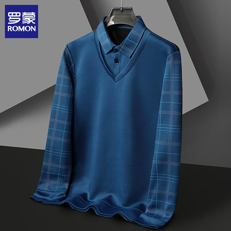 罗蒙（ROMON）男士假两件毛衣2025冬季新款加绒加厚保暖格子针织打底衫男装上衣 湖兰 XL