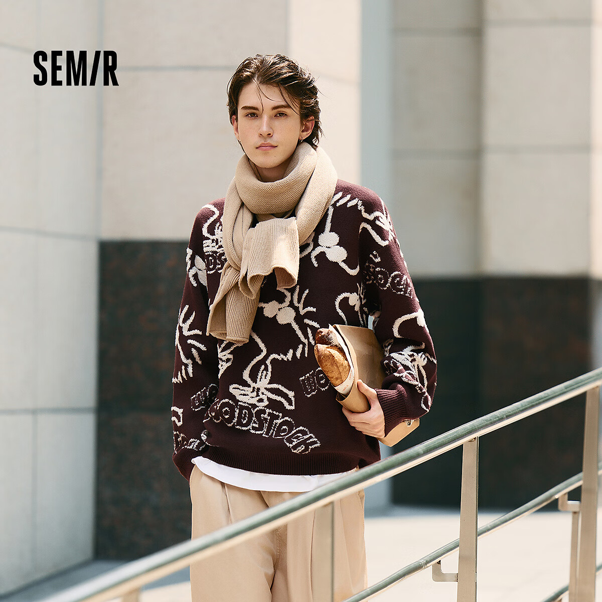 森马（Semir）史努比系列毛衫男冬季满版提花针织衫撞色情侣毛衣宽松套头衫 紫白色调00371 M