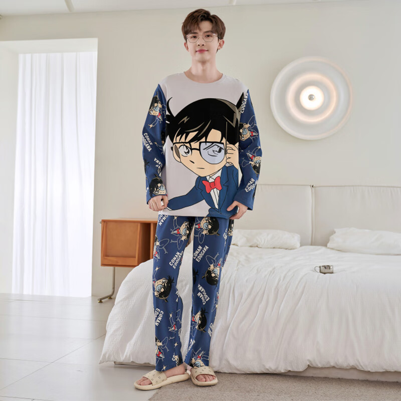 萧淑妃春秋季纯棉长袖男士睡衣原创卡通动漫青少年学生家居服套装可外穿 柯南 XXL