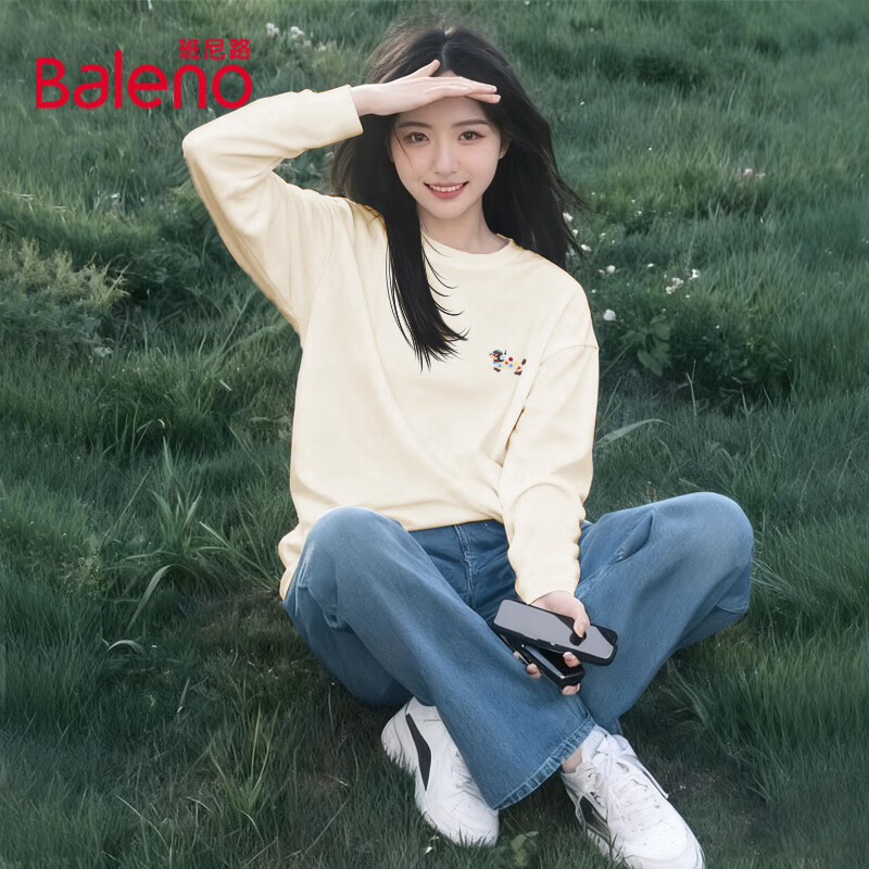 班尼路（Baleno）长袖t恤女装纯棉打底衫女秋冬季新款秋装卡通印花设计感上衣服1 杏#干巴Z狗K S