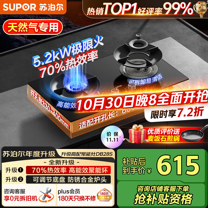 苏泊尔(SUPOR)燃气灶家用天然气双灶【国家补贴20%】5.2KW猛火 70%高热效率煤气灶台嵌入式可调节底盘DB28S
