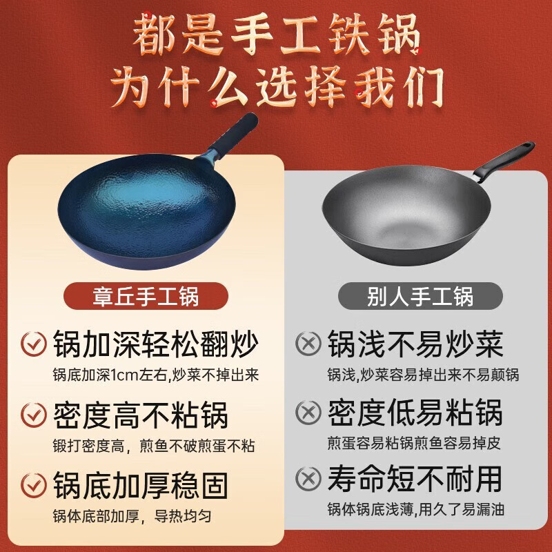 正宗章丘炒锅铁锅家用无涂层炒菜锅老式旗舰手工锻打木把手不粘锅 32厘米木把手鱼鳞锅【赠木盖】 32cm