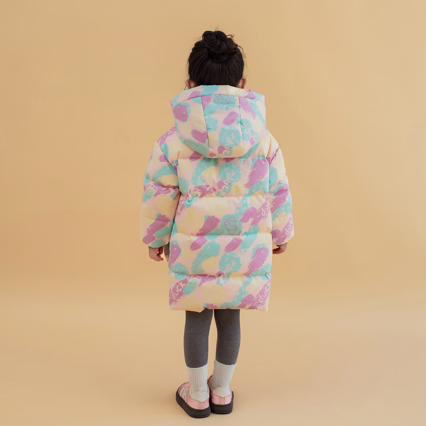 G.DUCK HELLO女童羽绒服中长款保暖外套冬季儿童加厚连帽冬装中小童印花童装 紫色 120 （建议身高110-120cm）