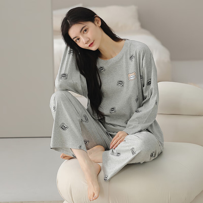 芬腾睡衣女100%纯棉秋新款柔软亲肤圆领套头家居服休闲外穿套装 灰色 L