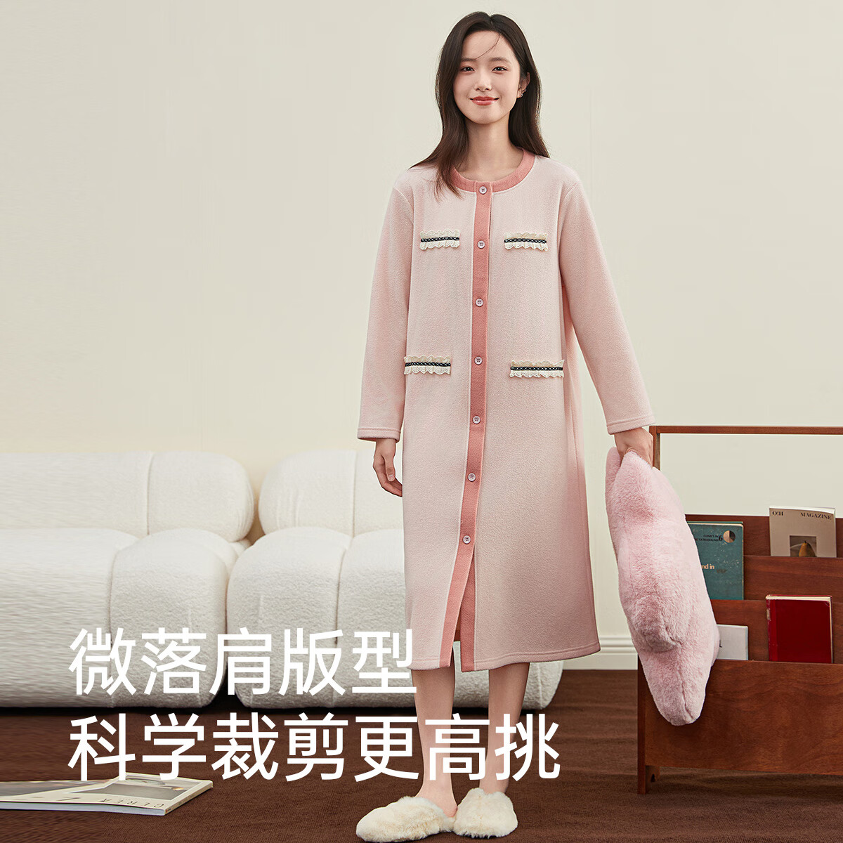 顶瓜瓜抗静电摇粒绒软糯绒绒女士长袖开襟睡裙小香风毛茸茸睡裙女 珊云粉 2XL (175)
