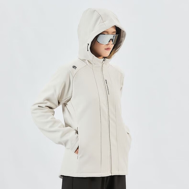 图途户外软壳外套连帽加绒防风运动外套秋冬登山上衣休闲外套 沙丘白 M