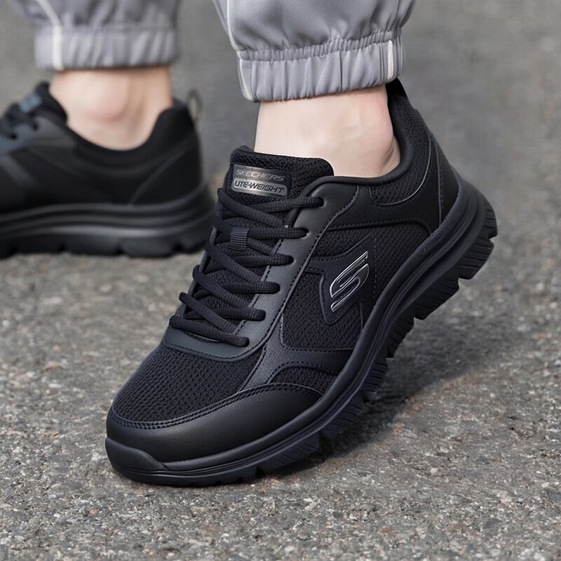 斯凯奇（Skechers）男鞋秋冬2025新款黑色休闲鞋缓震黑武士跑步鞋轻便软底网面运动鞋 8790359-BBK 42