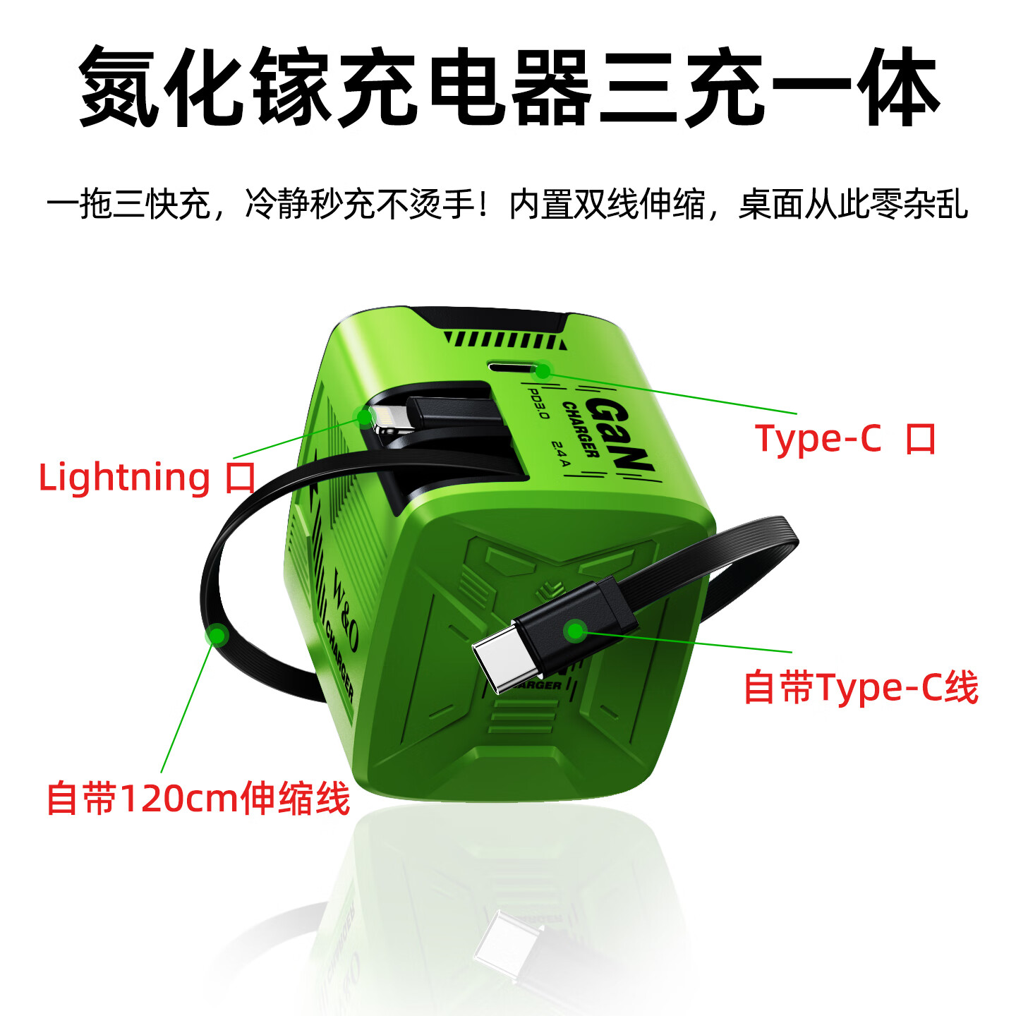 W&O氮化镓充电器适用华为苹果小米安卓快充三合一充电线闪充手机平板笔记本iPad充电头 双伸缩线Type-C头+苹果PD头/樱花粉 自带120cm伸缩线+一拖三【1年质保】