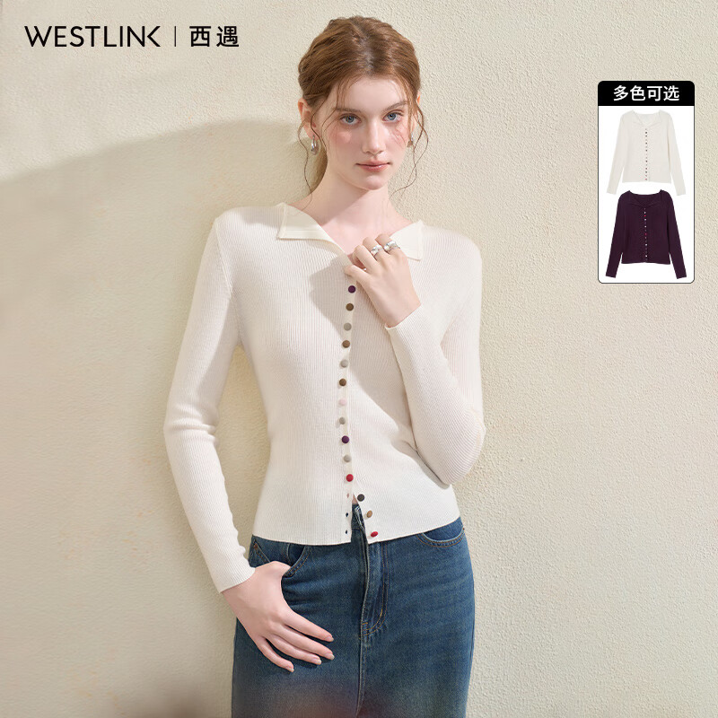 西遇（Westlink）西遇彩色纽扣长袖针织衫女2025秋季新款温柔翻领软糯打底衫上衣 白色 M (160)