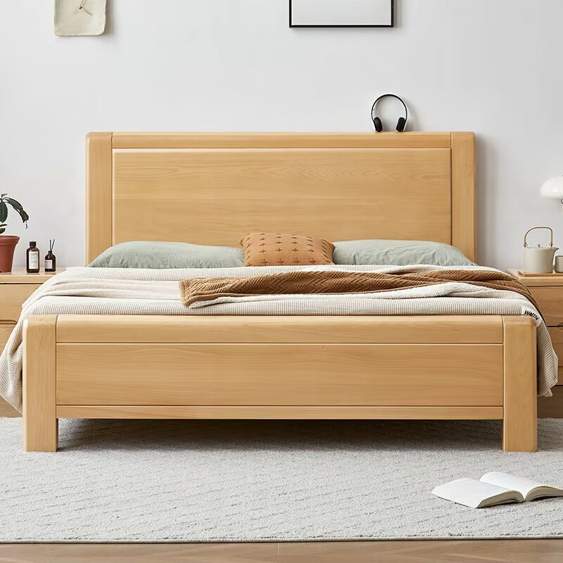 木创加厚款北欧简约风全实木床主卧室双人床榉木床婚床气压结构可储物 单床：包送货上楼和安装 1.5*2.0米 框架款+榉木床板