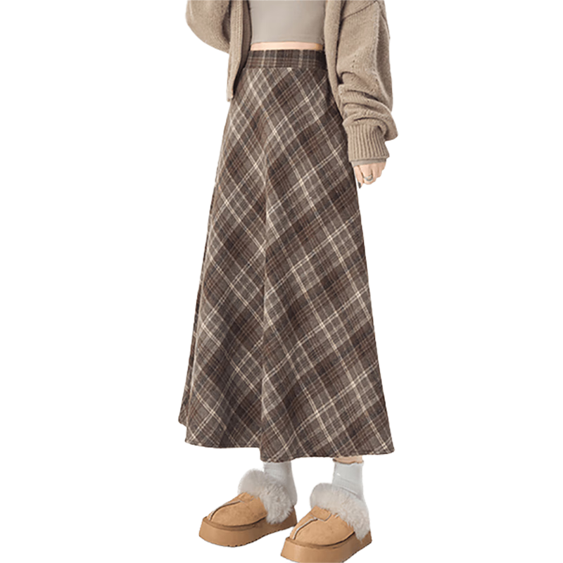 西遇（Westlink）毛呢a字半身裙女2025年秋季新款復古高腰寬松顯瘦長款格子裙 灰色 S (26)