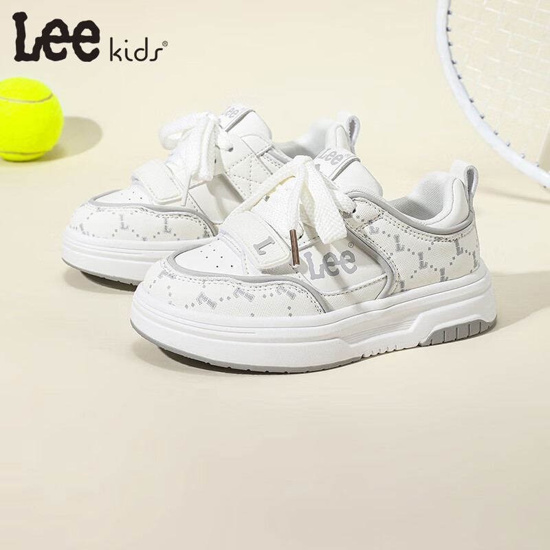 Lee童鞋儿童运动鞋【魔术贴小白鞋】春季校园透气男女童休闲板鞋 米白 28 【建议脚长174mm】