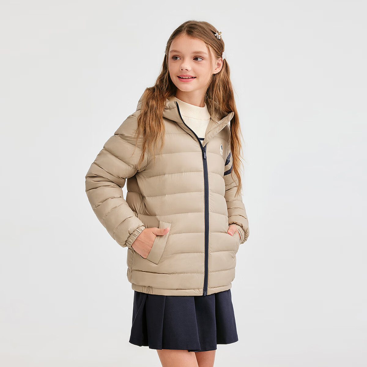 暇步士（Hush Puppies）童装儿童男女大童2025冬季新款儿童舒适百搭运动连帽羽绒服 燕麦卡其 140 cm