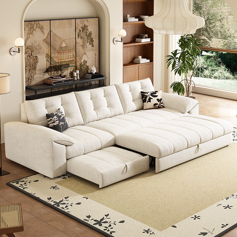 松南奶油风新款客厅布艺贵妃沙发家用广东佛山雪尼尔直排可折叠沙发床 总长1.36m直排:大单位 高弹海绵款(加厚雪尼尔)