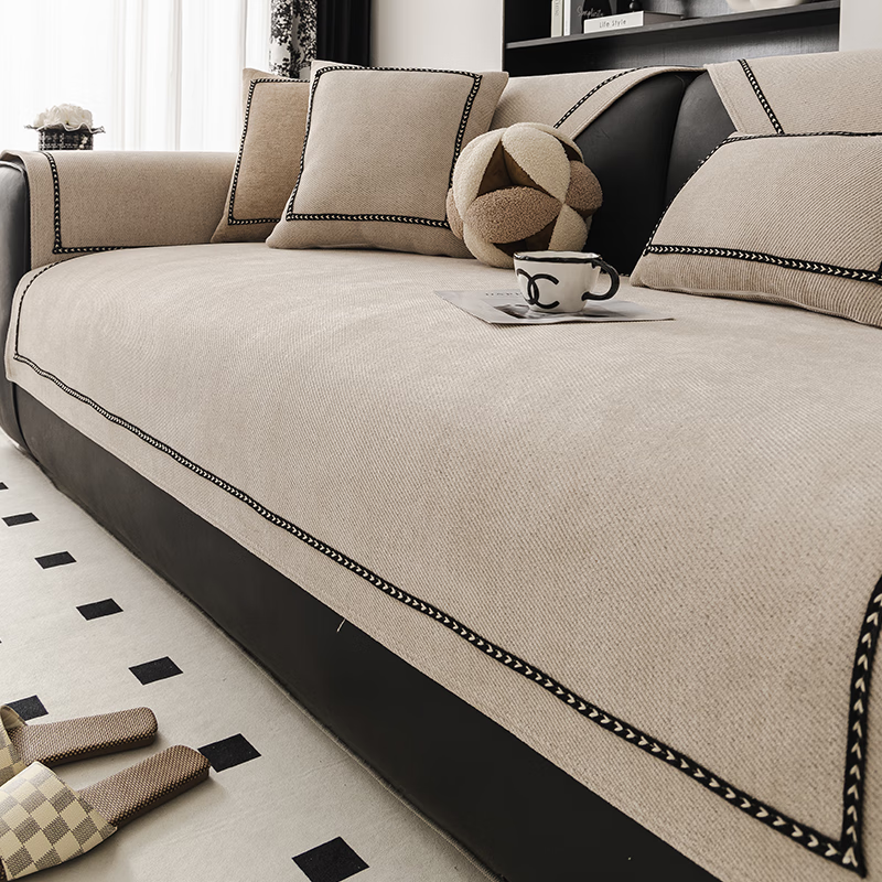 无印良品【活性印染】沙发垫四季通用防滑2025新款皮沙发专用套罩坐垫盖布 轻奢雪尼尔-香恋-米咖（升级防滑底 抗皱不起球） 90*300cm （四人位）