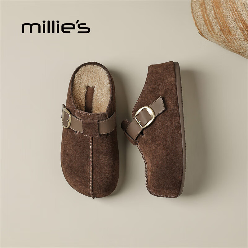 妙丽勃肯鞋女厚底复古加绒时尚保暖潮流2025冬季新款包头半拖鞋 咖色 37 (235mm) 标准码