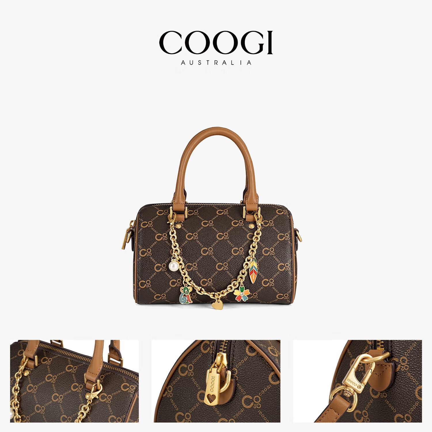 COOGI包包女包轻奢品牌2025波士顿斜挎包手提托特包圣诞礼物送老婆女友 咖啡色 21*13.5*13cm
