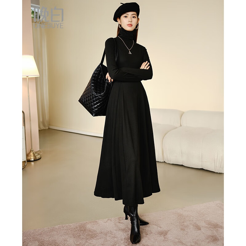 晚白【新品】2026年春款时尚气质裙子休闲高领百搭纯色收腰连衣裙 黑色 2XL