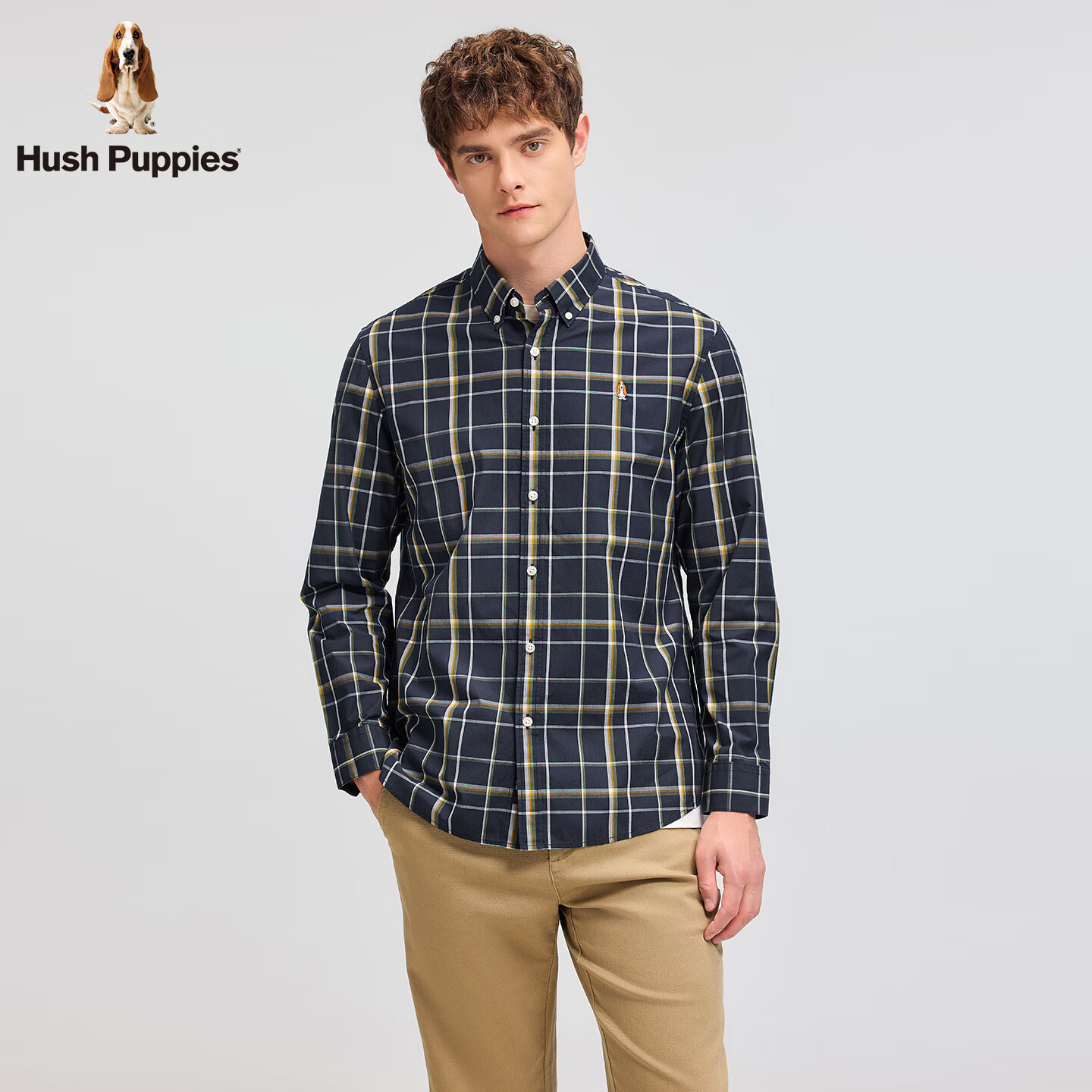 暇步士(Hush Puppies)【舒适全棉】男装2025秋季简约基础款格纹长袖衬衫 墨蓝色 XL