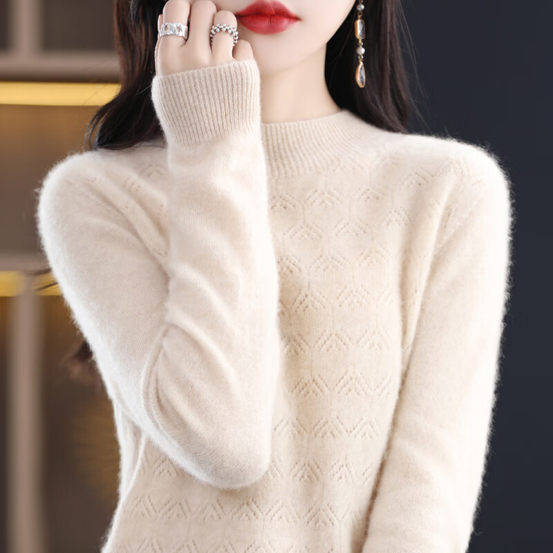 香影芬一线成衣100纯羊毛衫女士半高领镂空长袖上衣宽松百搭羊毛打底衫 白色 M (建议95-105斤)