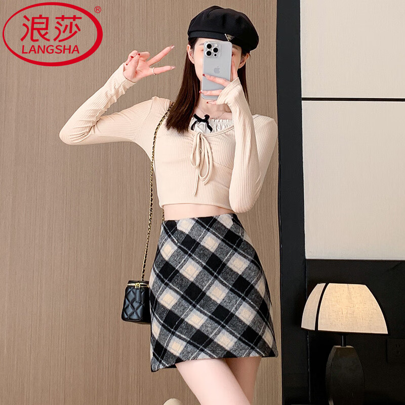浪莎格子半身裙女2025秋冬新款毛呢包臀裙性感a字短裙修身显瘦打底裙 深咖小格 【亲肤毛呢 自带内衬】 M 【体重96-110斤腰围68CM臀围92CM】