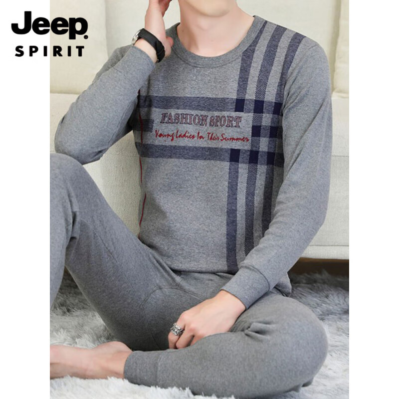 吉普(JEEP)男士秋衣秋裤保暖内衣套装男纯棉中老年爸爸装打底棉毛衫线衣线裤 C75红色圆领 3XL (160-180)