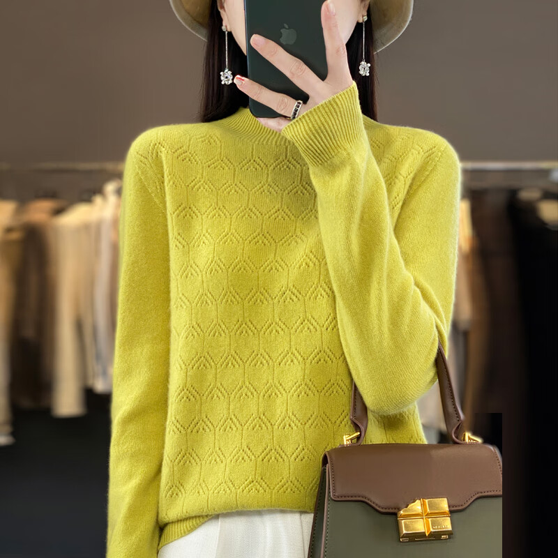 香影芬一线成衣100纯羊毛衫女士半高领镂空长袖上衣宽松百搭羊毛打底衫 白色 M (建议95-105斤)