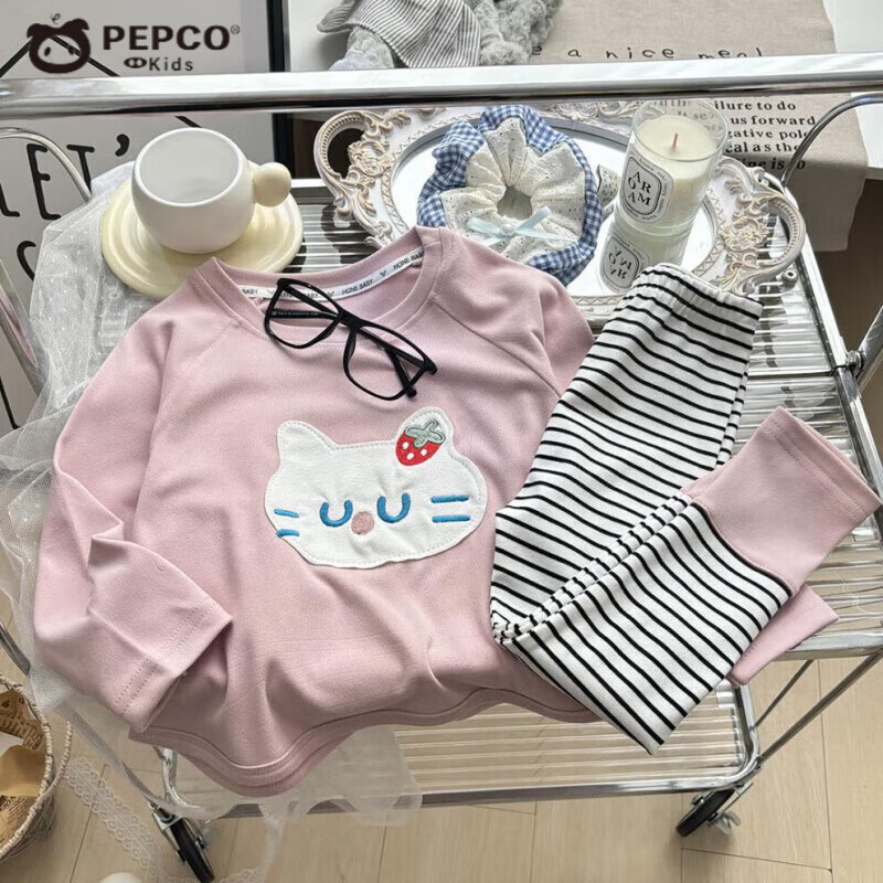 小猪班纳儿童秋款套装 女童可爱圆领家居服 女宝宝长袖长裤休闲打底套装 粉色猫咪 150 cm